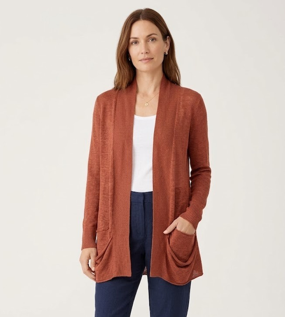 Eileen Fisher 100% Linen Open-Front Cardigan XS Rich Rust